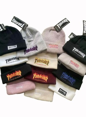 正品现货 日版Thrasher火焰刺绣冷帽大LOGO针织毛线帽滑雪帽情侣