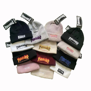 正品现货 日版Thrasher火焰刺绣冷帽大LOGO针织毛线帽滑雪帽情侣