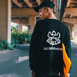 现货Uhuzz 军事风 飘带喷墨 潮牌男女同款情侣嘻哈卫衣 宽松BF风