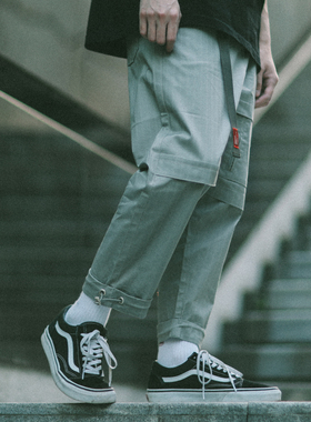 PSO Brand 18SS3 夏季可束脚式黑色宽松纯色轻便口袋工装九分裤男