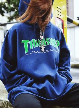 正品 Thrasher Outlined 限定藏青色绿LOGO火焰帽衫情侣卫衣男潮