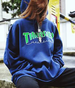 正品 Thrasher Outlined 限定藏青色绿LOGO火焰帽衫情侣卫衣男潮