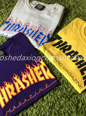 正品现货 Thrasher Flame Tee限定紫色黄色雪花灰情侣火焰短袖T恤