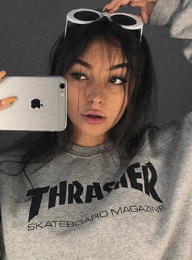 现货正品 THRASHER 经典基础火焰字母LOGO印花圆领卫衣加绒男女潮