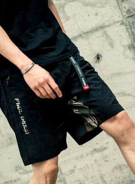 正品现货Fenergy 18SS 洗水 迷彩 黑色拼接松紧织带 休闲短裤 潮