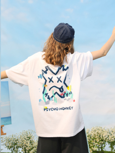 嘻哈涂鸦T恤 国潮流宽松ins情侣装 PCMY海底世界叉叉人短袖 男女夏季