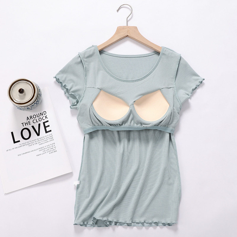 THREADED MODAL CHEST PAD SHORT SLEEVE T-SHIRT WOMENS SUMMER BRA FREE PAJAMAS RUFFLES PAJAMAS LOUNGEWEAR CAN BE WORN OUTSIDE