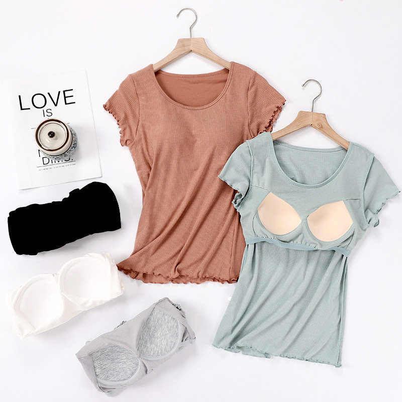 THREADED MODAL CHEST PAD SHORT SLEEVE T-SHIRT WOMENS SUMMER BRA FREE PAJAMAS RUFFLES PAJAMAS LOUNGEWEAR CAN BE WORN OUTSIDE