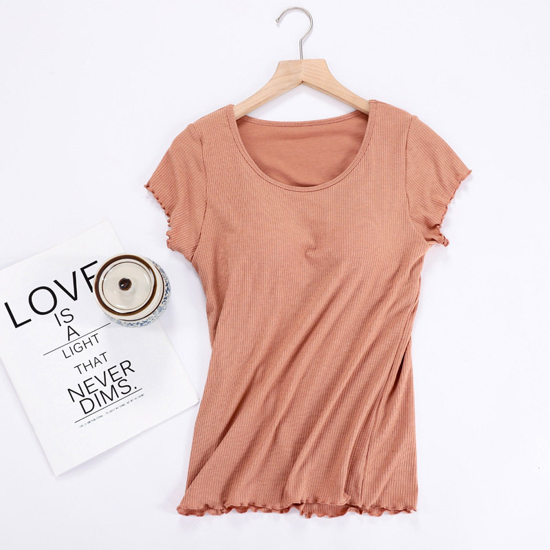 THREADED MODAL CHEST PAD SHORT SLEEVE T-SHIRT WOMENS SUMMER BRA FREE PAJAMAS RUFFLES PAJAMAS LOUNGEWEAR CAN BE WORN OUTSIDE