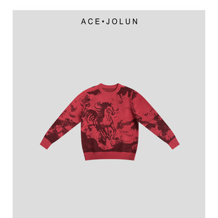 【蕉伦】红色马年圆领毛衣秋冬加厚正肩套头男士针织衫本命年上衣