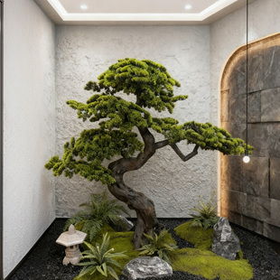 美学造景迎客松树仿真绿植定制室内天井高品质罗汉松景观布置 宋式