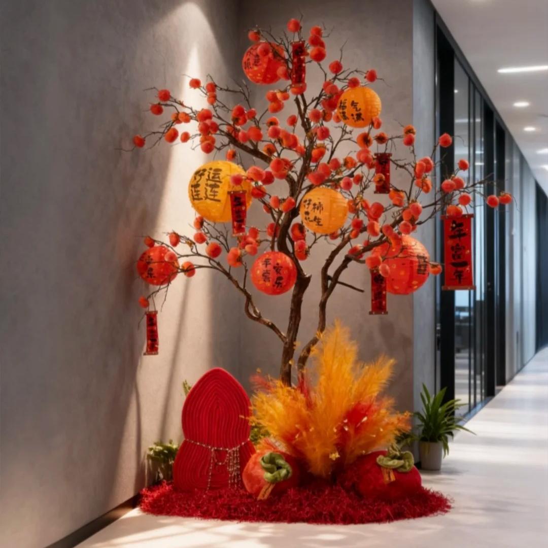 新年仿真柿子树玄关走廊摆件造景