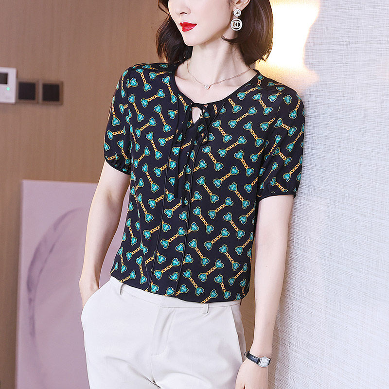 意冉重磅真丝衬衫女新款桑蚕丝短袖时尚设计感夏装t恤妈妈上衣
