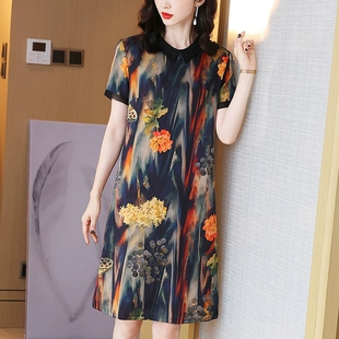 法式 直筒裙2022夏季 气质中长裙 真丝连衣裙桑蚕丝高档印花短袖 新款