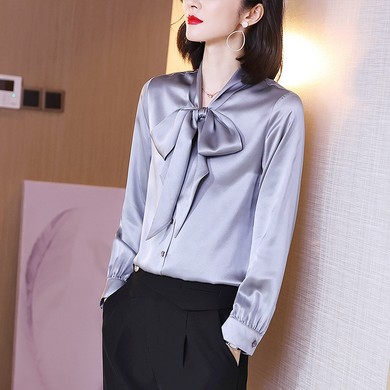 高端真丝衬衫女春季新款纯色飘带长袖宽松衬衣桑蚕丝蝴蝶结上衣