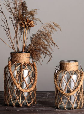复古插花艺术干花麻绳花瓶居家装饰玻璃透明桌面摆件客厅简约花器