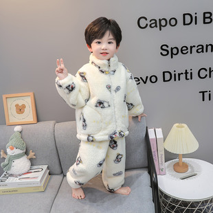 男小童睡衣冬季加厚三层夹棉保暖套装2025新款儿童卡通企鹅家居服