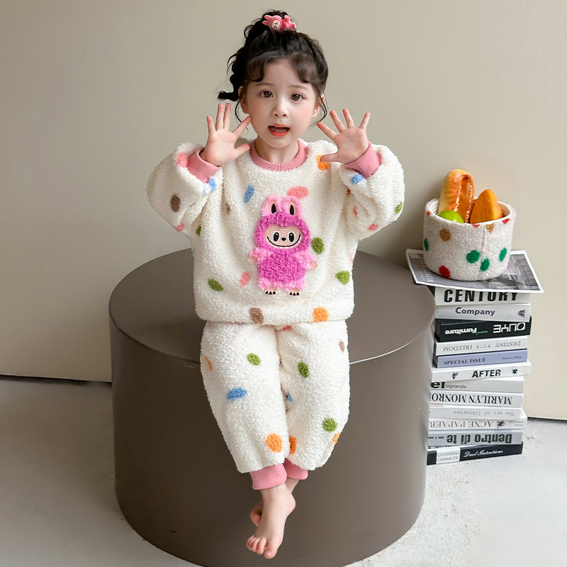 女小童卡通珊瑚绒睡衣套装2026秋冬宝宝加厚保暖可爱家居服两件套