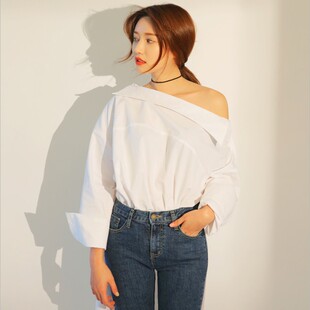 韩国东大门代购一字领斜肩前短后长白衬衫女夏中长款上衣长袖衬衣