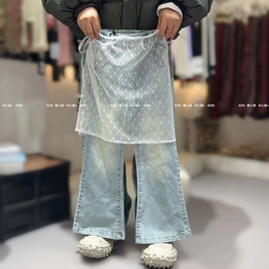 品牌童装2024春夏新品女童网红网纱喇叭裤中大童浅色牛仔长裤时髦