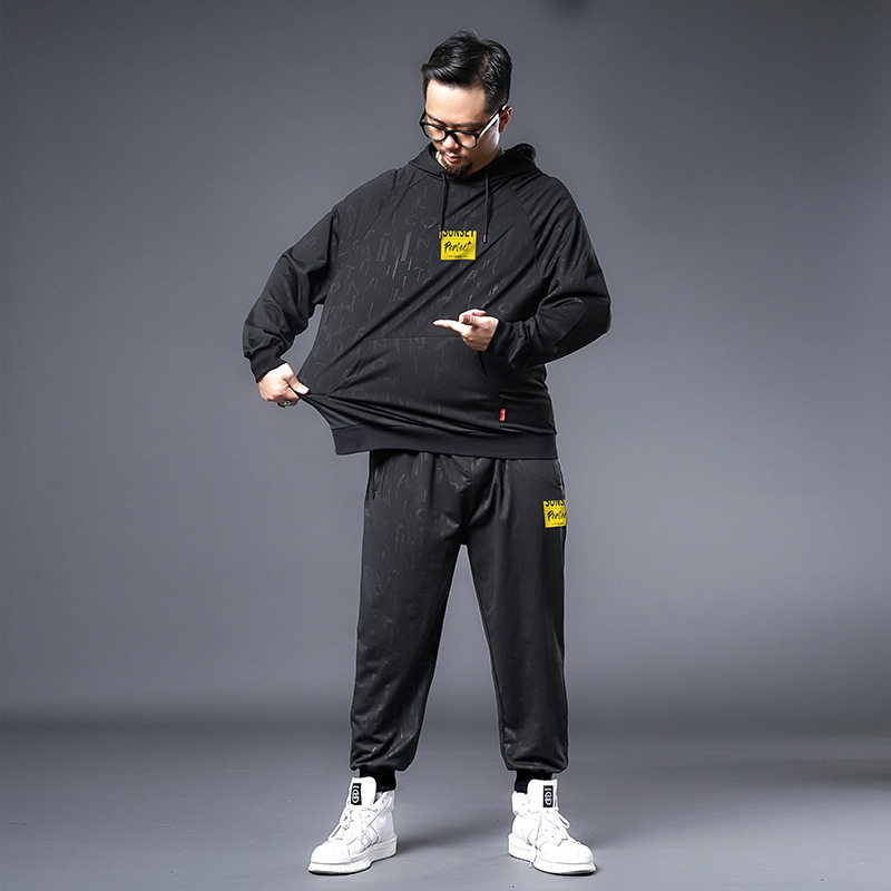 男加肥加大连帽卫衣套服秋季胖子肥佬宽松弹力运动服大码休闲套装