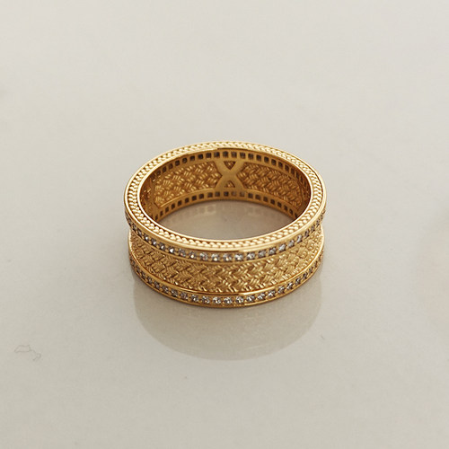 风雨桥花丝纯银镀金镶锆石戒指