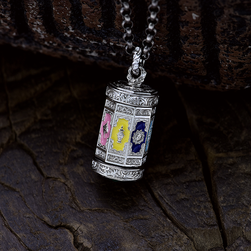 国风纯银吉祥八宝珐琅转动吊坠