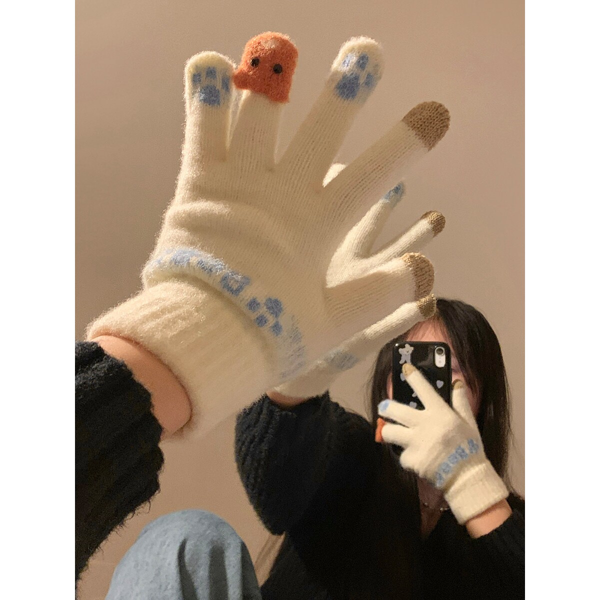 可爱毛绒针织五指手套女士冬季保暖加厚学生触屏骑车冬天防寒防风