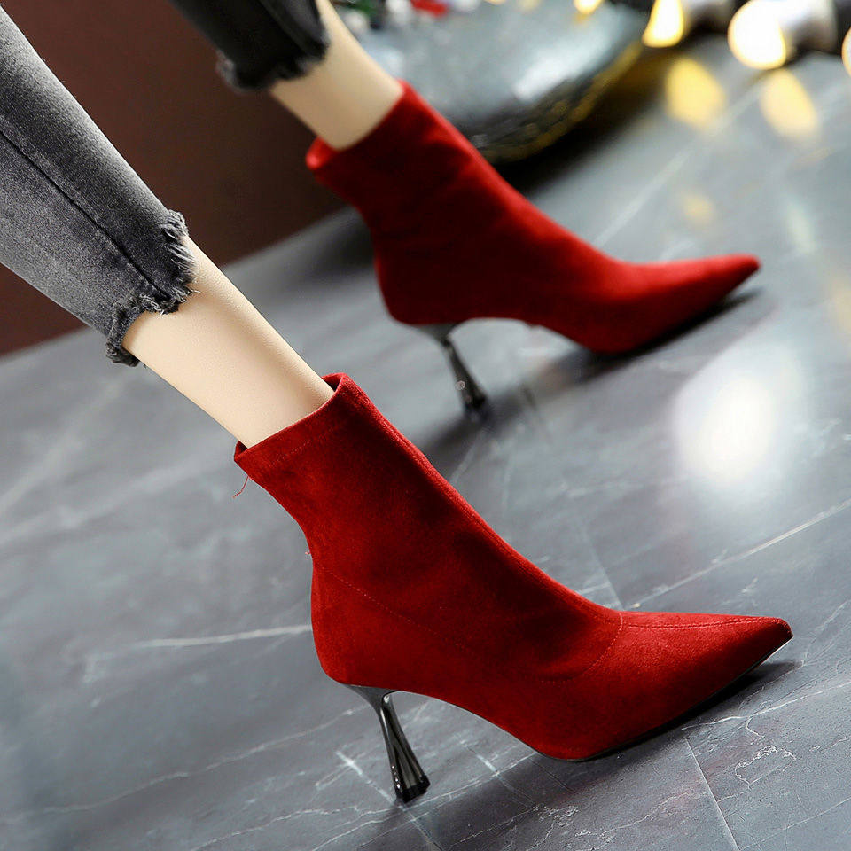 婚鞋红色高跟级感女2022新款冬季秀禾纱两穿不累靴女靴丁款款绒红