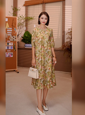清樾生香70335 黄心儿桑蚕丝连衣裙乱花时尚显瘦印花气质百搭