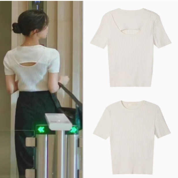 那家伙是黑炎龙文佳英象牙色露背设计圆领针织衫短袖夏小心机上衣