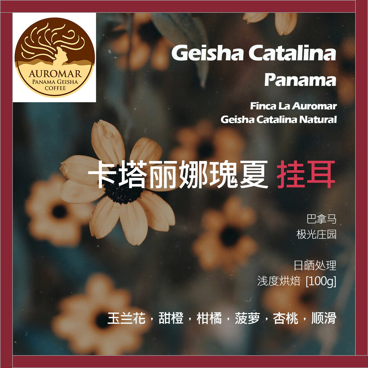挂耳巴拿马极光庄园卡塔丽娜瑰夏日晒单品咖啡豆浅烘柑橘菠萝杏桃