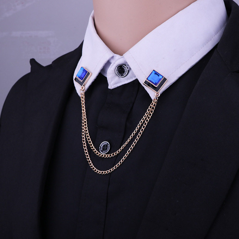 韩国时尚简约衣领饰男锆石双链条女方形百搭轻奢潮流饰品流苏领针