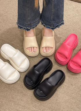 夏季外穿松糕厚底增高拖鞋女2025新款黑色高级感一字拖小个子居家