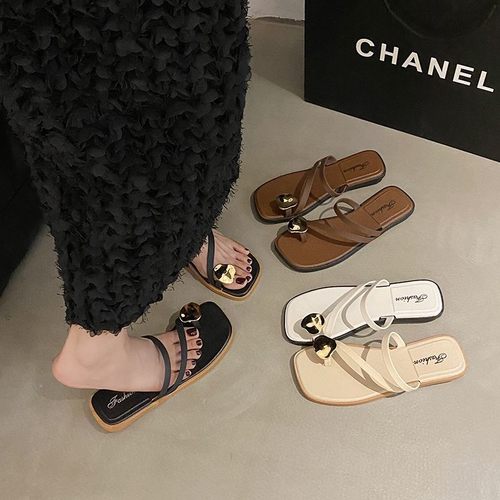 套趾凉拖鞋女夏外穿2025新款网红ins平底方头仙女风软底一字女鞋