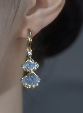 925银针蓝色银杏叶耳环2025新款高级感超仙气质长款百搭两戴耳饰