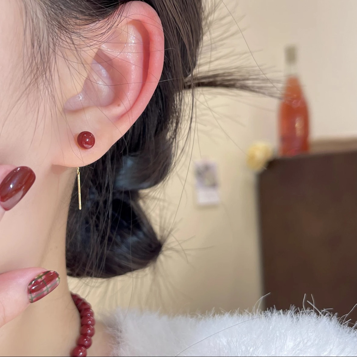 925银针耳线2025新款爆款高级感耳环女红豆流苏耳饰小众设计耳坠