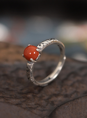 S925纯银复古做旧中式祥云花纹戒指南红玛瑙小众国风开口指环百搭