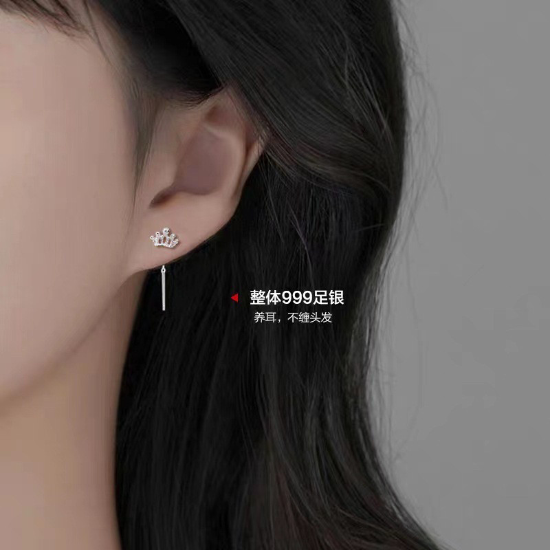 S999足银皇冠耳线小众设计纯银养耳洞睡觉免摘耳环简约百搭耳饰女