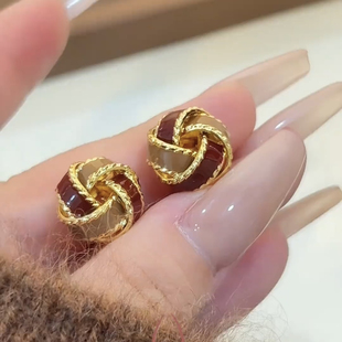 新款 925银针雅丹复古撞色同心结耳钉气质2025新款 高级感耳环冬季