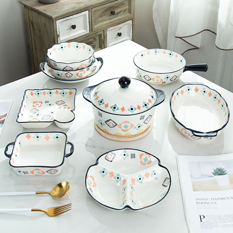 Ins Nordic underglaze ribbon handle hand painted plate