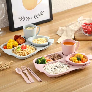 小麦秸秆家用儿童餐盘碗杯套装幼儿园餐盘宝宝防摔抗菌餐具套装
