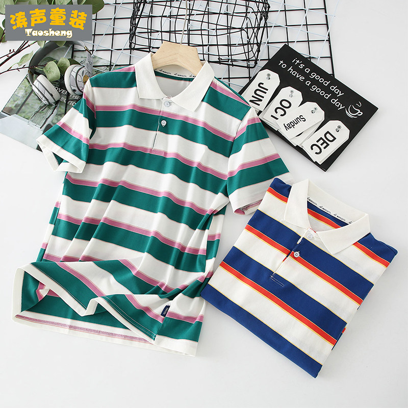 胖男孩t恤夏季薄款短袖宽松大码短t中大童加肥加大体恤条纹polo衫
