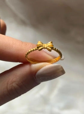 磨砂久不掉色越南沙金蝴蝶结戒指可调节开口女闺蜜仿古法金食指戒