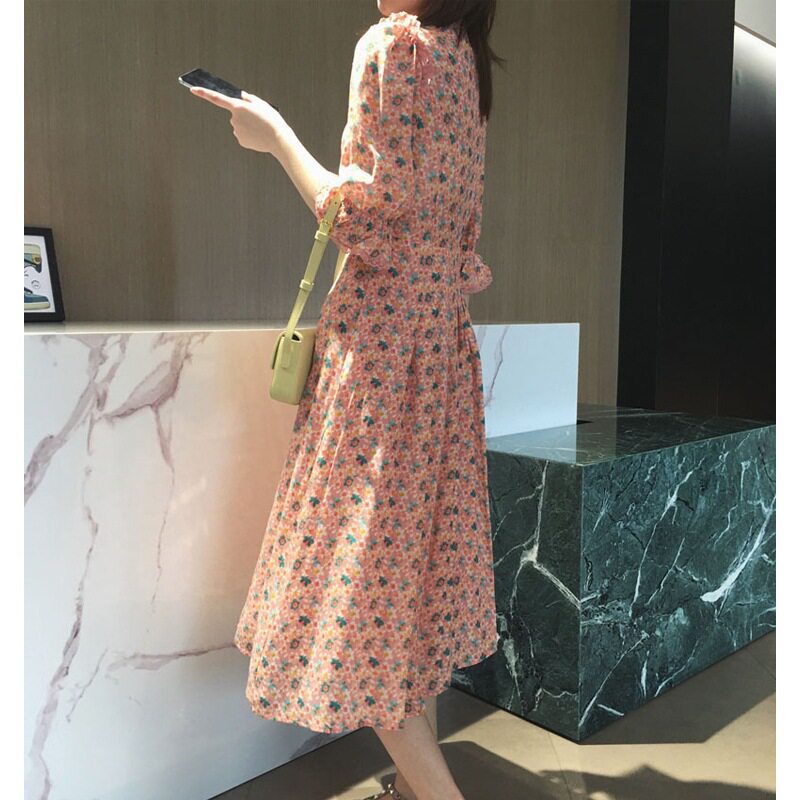 FL21294茶歇法式初恋甜美仙气超仙碎花长裙女夏温柔风雪纺连衣裙