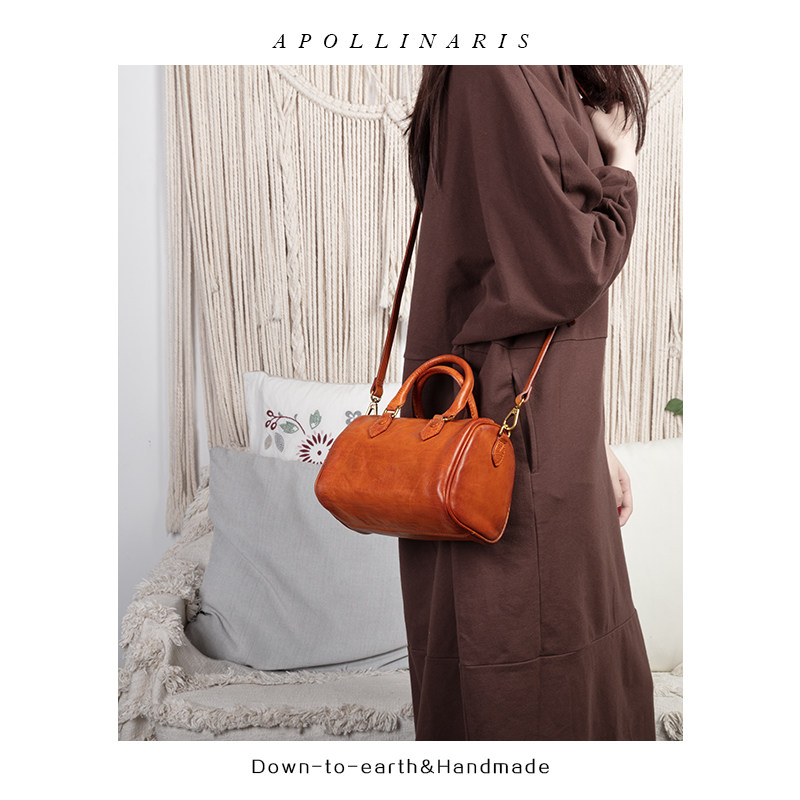 Apollinaris单肩斜跨包女真头层牛皮手提包大容量简约波士顿女包