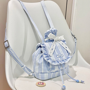 2025新款韩系蓝色蕾丝格子双肩包女甜美荷叶边背包学院风通勤书包