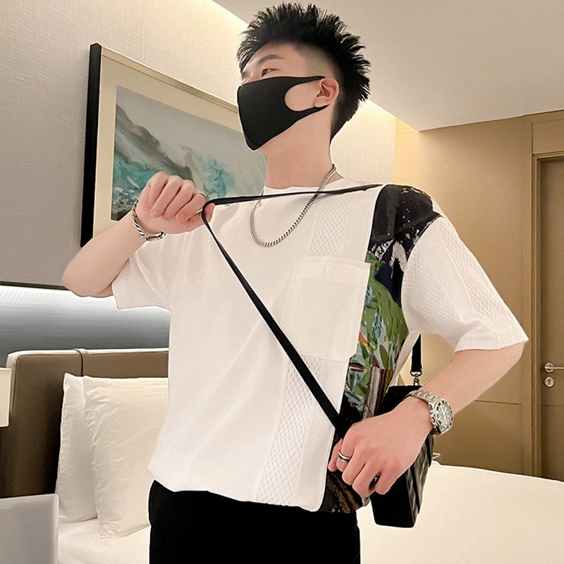 T42-P58拼接设计感短袖t恤男夏季新款衣服纯潮牌男装上衣痞帅2,男装T恤,电商A257
