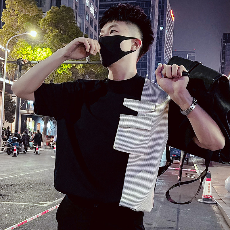 T51-特P58 条纹拼接短袖男装薄款小领口T恤七分袖潮牌男装衣服图片