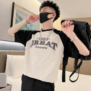 T47-P55 夏季拼接T恤男潮流宽松男装上衣2023新款夏装白色短袖3图片